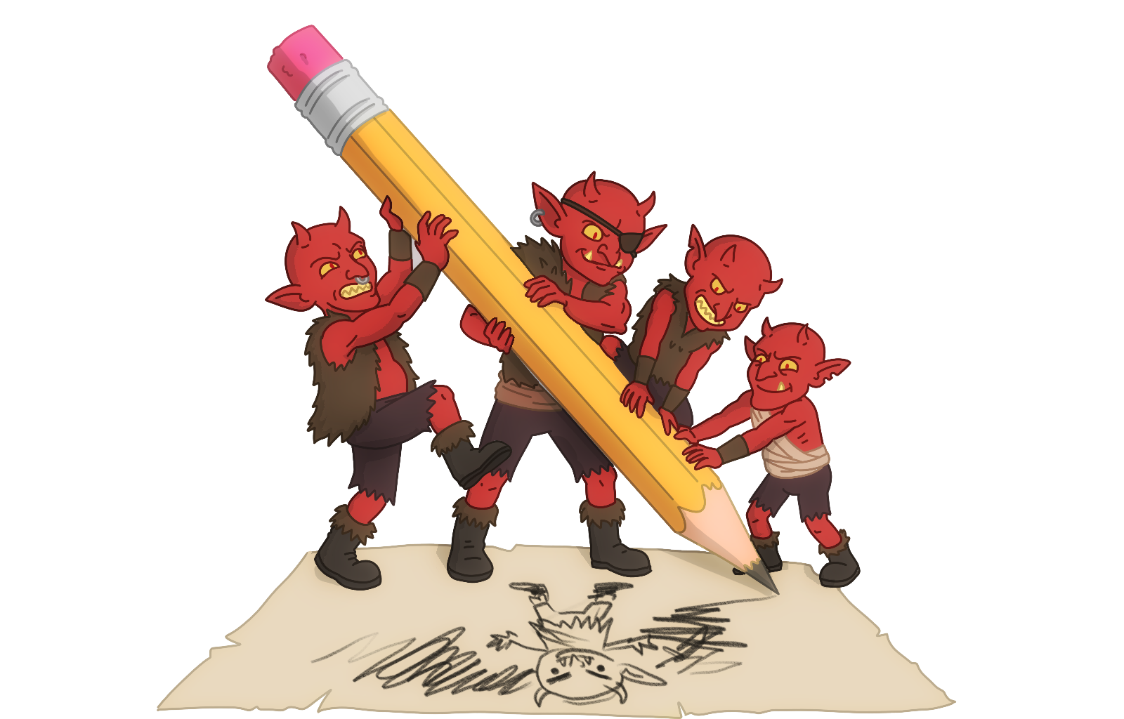 Red devil animators wielding a giant pencil — the Stepmates studio at work