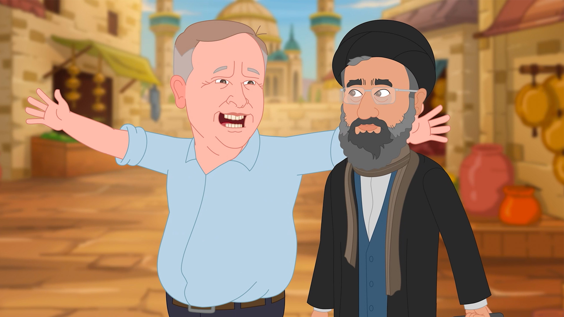 Still from Please Explain — two characters in a Middle Eastern marketplace